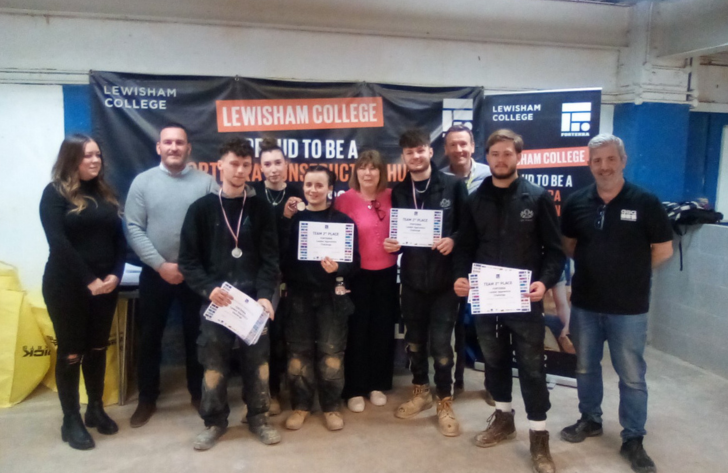 a group photo of apprentices and staff in front of lewisham college banners and lee marley apprentices holding their certificates in the London Apprentice Competition