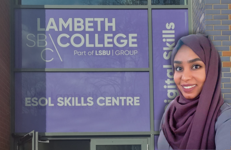 a female student wearing the hijab (headscarf) in front of a picture of the entrance of the Brixton campus